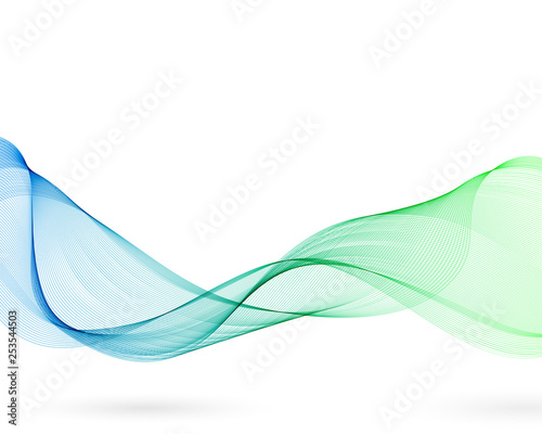 Wavy abstract design in two colors. Ribbon concept with blue and green gradient. White isolated background. Vector illustration.