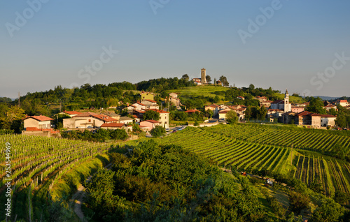 Evening light on the vineyards and church of the Holy Cross and Church of the Assumption of Mary in the Gorizia Hills at Kojsko Brda Slovenia