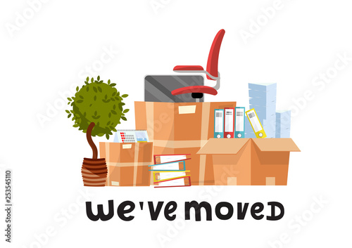 We've moved - hand drawn lettering quote.A lot of open cardboard boxes with office supplies - folders, documents, monitor, red chair on wheels, potted plant.Flat cartoon vector set on white background