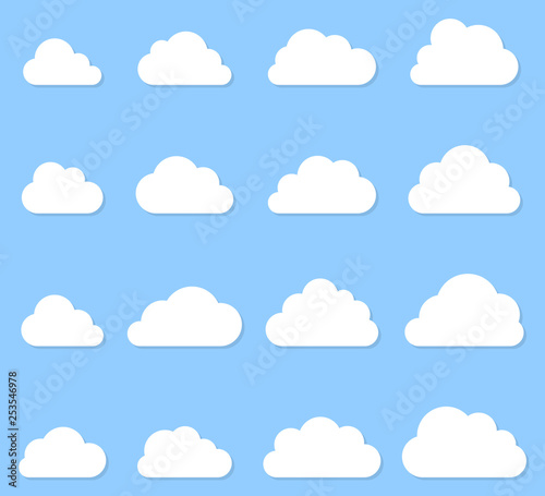 Cloud shapes collection with shadow on blue background