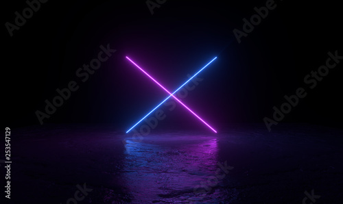 Foto 3d abstract background render, two pink and blue neons light on the ground, retrowave and synthwave illustration