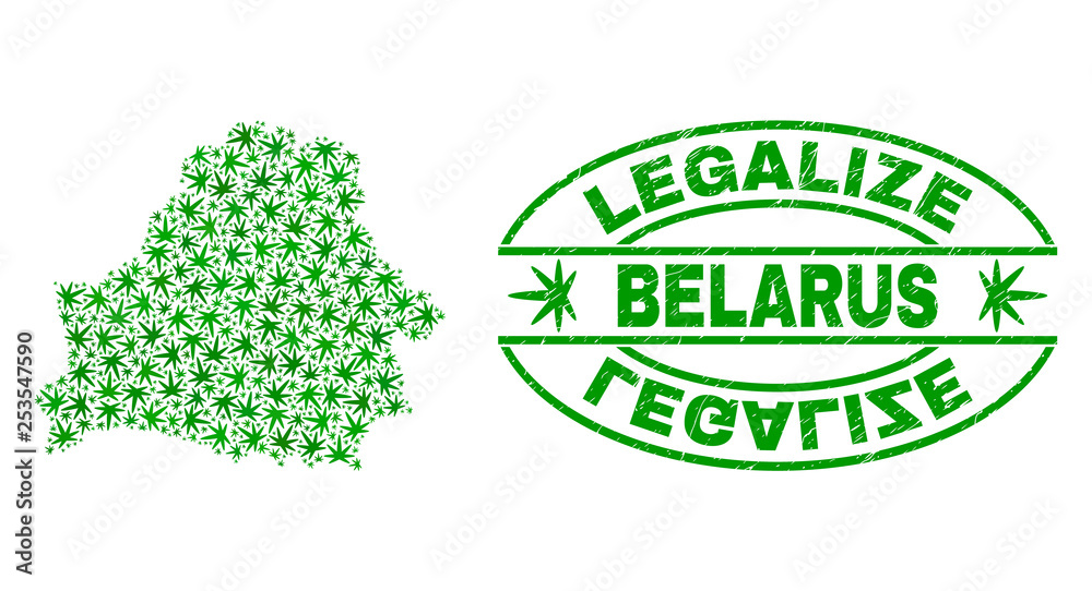 Vector cannabis Belarus map collage and grunge textured Legalize stamp seal. Concept with green weed leaves. Concept for cannabis legalize campaign. Vector Belarus map is designed from weed leaves.