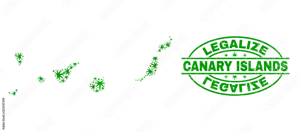 Vector cannabis Canary Islands map collage and grunge textured Legalize stamp seal. Concept with green weed leaves. Concept for cannabis legalize campaign.