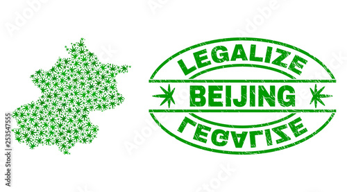 Vector cannabis Beijing City map mosaic and grunge textured Legalize stamp seal. Concept with green weed leaves. Template for cannabis legalize campaign.