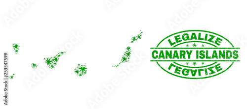 Vector cannabis Canary Islands map collage and grunge textured Legalize stamp seal. Concept with green weed leaves. Concept for cannabis legalize campaign.