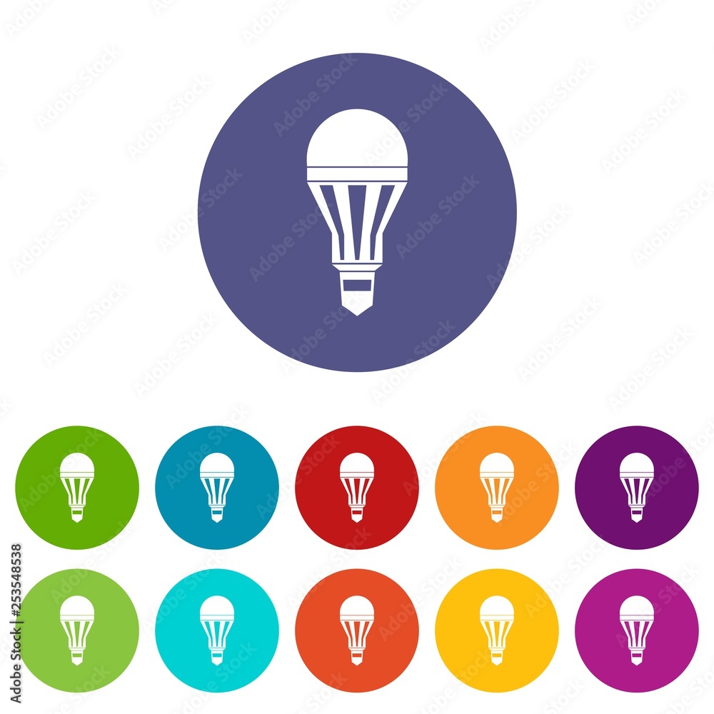Led bulb set icons in different colors isolated on white background Led bulb set icons in different colors isolated on white background