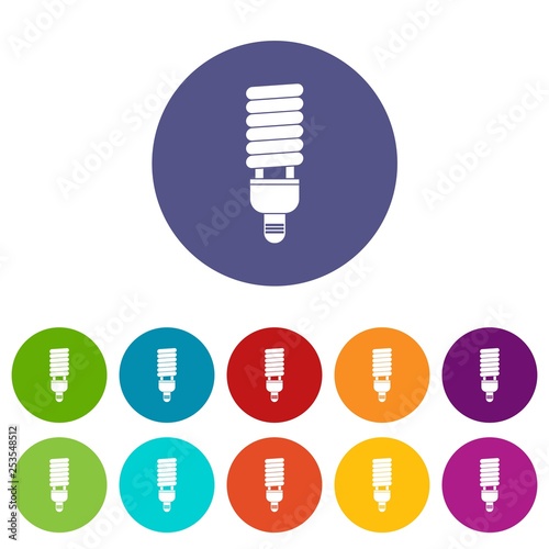 Fluorescent bulb set icons in different colors isolated on white background