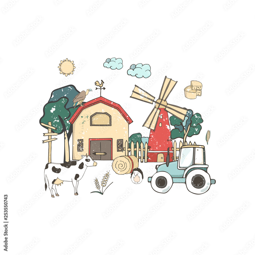 Farm household or farmer agriculture and cattle farming vector flat design. Hand drawn illustration grunge style texture. Cute cow with red old mill cartoon clip art, isolated