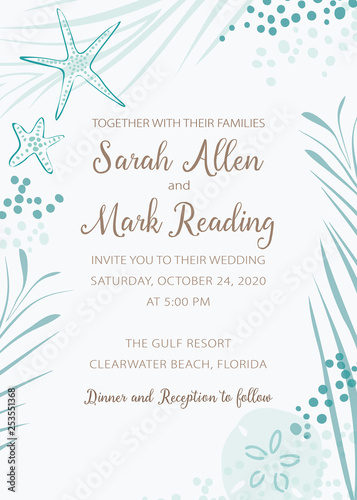 Elegant beach theme wedding invitation with soft turquoise color artwork framing text area. Remove text and personalize for weddings, announcements, parties and greeting cards. 