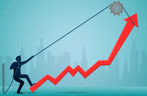 Businessmen use the rope to pull the red arrow to change the direction to the ultimate success goal. business finance concept. creative idea. illustration cartoon vector