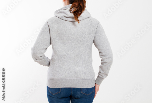 pretty woman in gray pullover hoodie mockup - back view cropped image