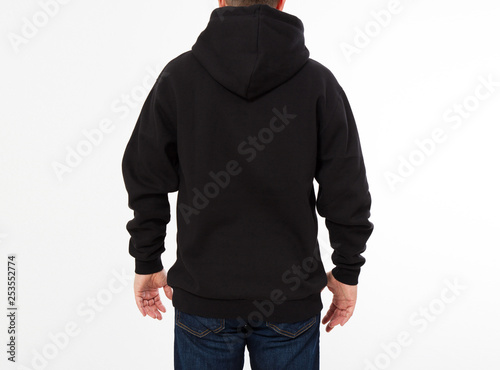 back view - Man in black sweatshirt, black hoodies isolated , mock up , copy space cropped image