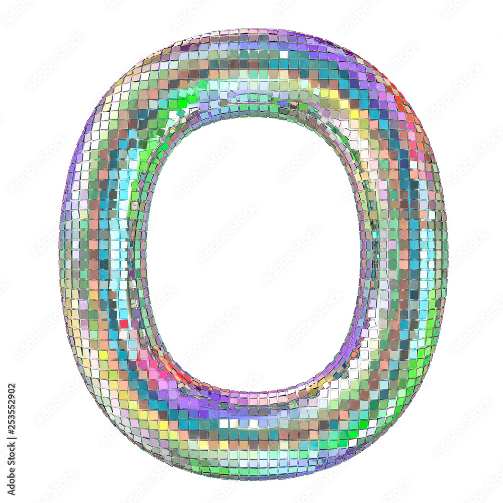 Disco font, letter O from glitter mirror facets. 3D rendering