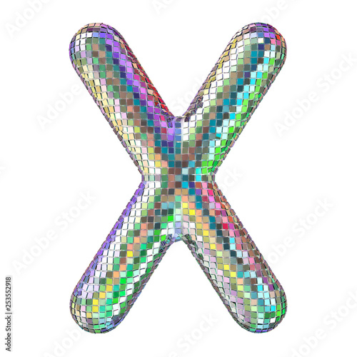 Disco font  letter X from glitter mirror facets. 3D rendering