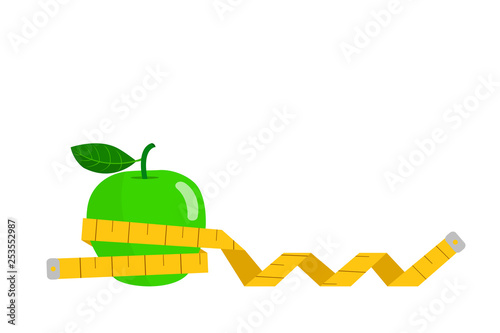 Green apple wrapped with tape measure isolated on white background.