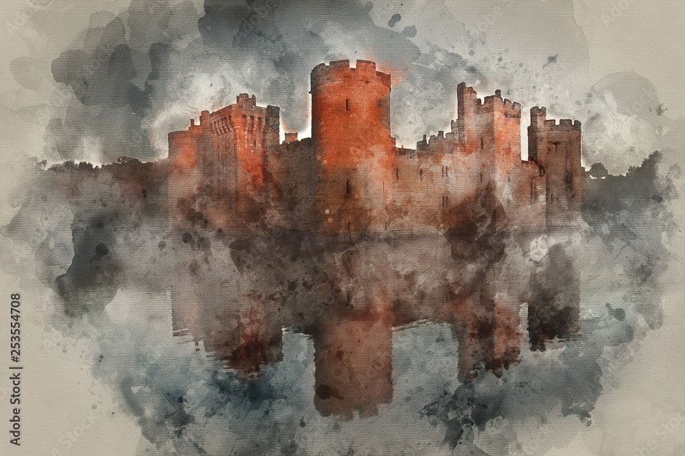 Fototapeta premium Watercolour painting of Stunning moat and castle in Autumn Fall sunrise with mist over moat