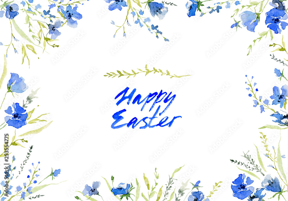 Happy easter. Rustic background with collection of gentle blue flowers and handwritten lettering. Botanic composition for greeting card. Isolated on white background. Watercolor illustration Happy easter. Rustic background with collection of gentle blue flowers and handwritten lettering. Botanic composition for greeting card. Isolated on white background. Watercolor illustration