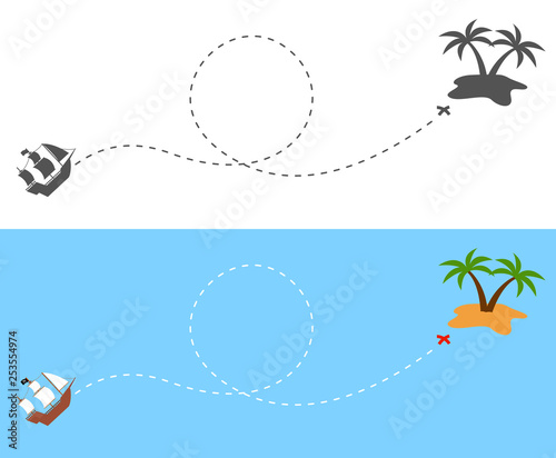 The pirate ship sailing route to the island