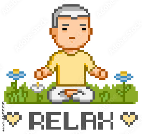 Vector pixel art man and relax. Open path
