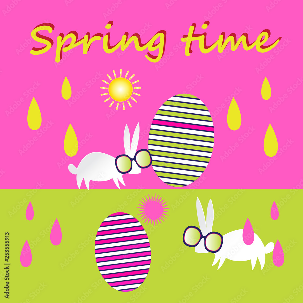 Bright unusual greeting card for Happy Easter with eggs and a rabbit Bright unusual greeting card for Happy Easter with eggs and a rabbit
