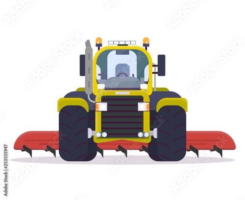 Front view of tractor for farming with cultivator. Flat style vector illustration. Agriculture vehicle with farm implement for tillage. Modern agricultural machinery. Farm harvest engine vehicle.