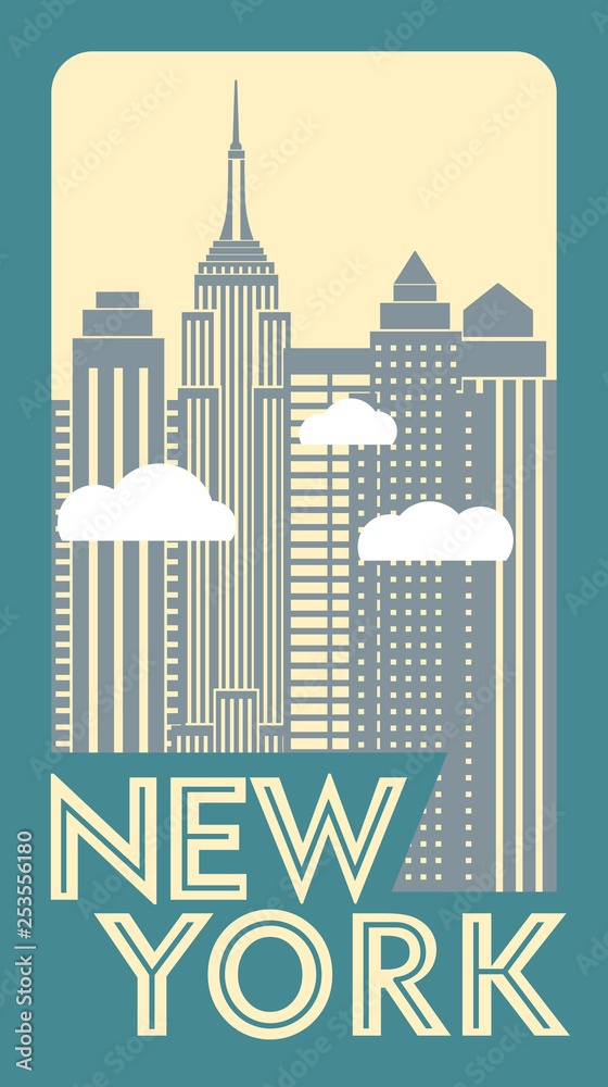 Fototapeta premium Tourist retro sticker New York. Skyscrapers and clouds. Vector drawing