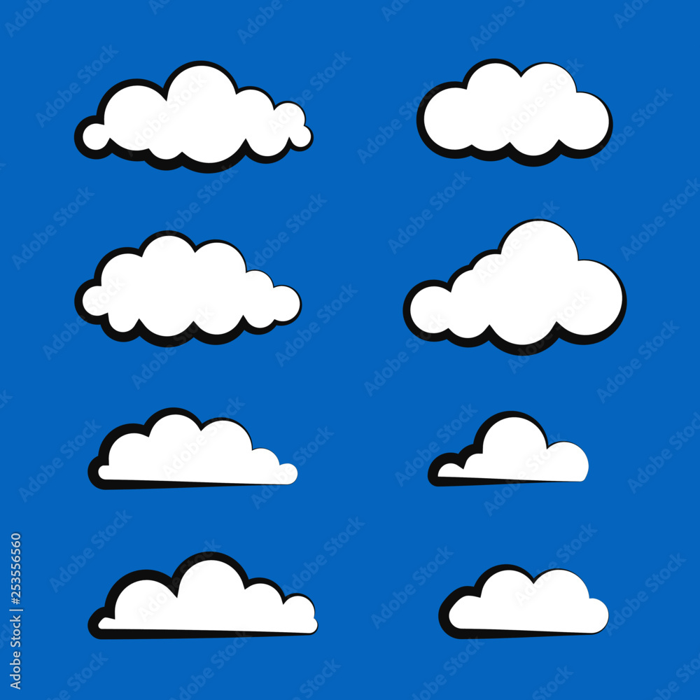 Set of clouds in flat design isolated on blue background. Cartoon modern white clouds. Set of clouds in flat design isolated on blue background. Cartoon modern white clouds.