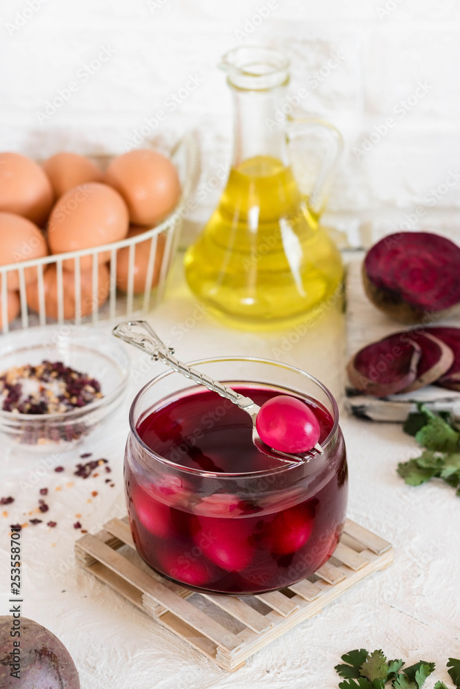 Quail eggs marinated for Easter in beet juice
