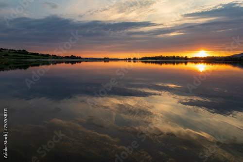 Sunset on a lake in Hohenrode in Germany