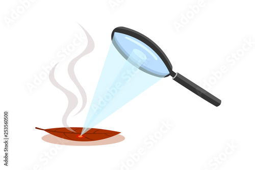 Magnifying glass is combining light into one point to dry leaves can cause burns. Magnifying glass can cause burning.