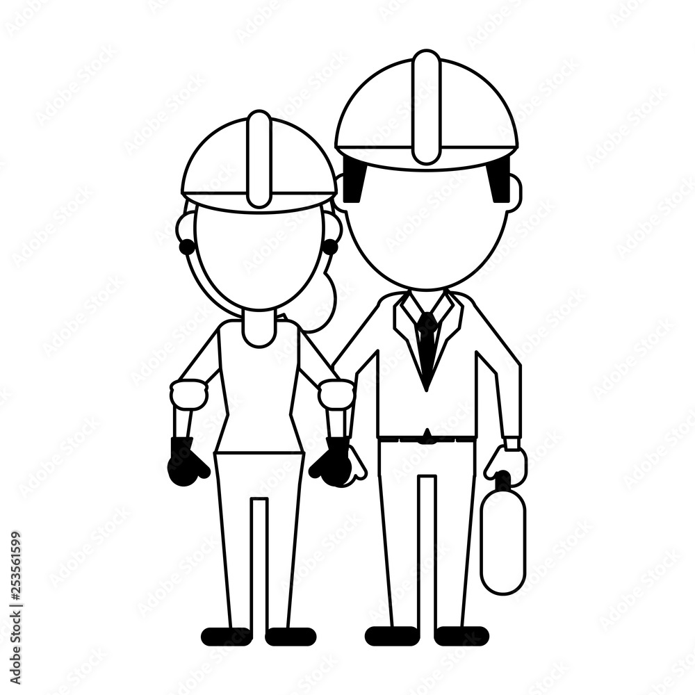 Construction workers avatars in black and white