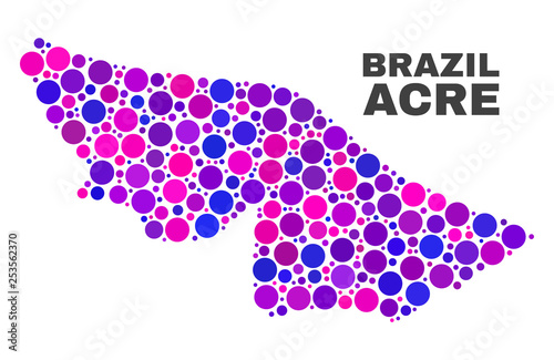 Mosaic Acre State map isolated on a white background. Vector geographic abstraction in pink and violet colors. Mosaic of Acre State map combined of scattered circle elements.