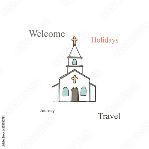 Church icon. Vector illustration for religion architecture design. Cartoon church building silhouette with cross, chapel, fence, trees. Hand drawn flat. Catholic holy traditional symbol