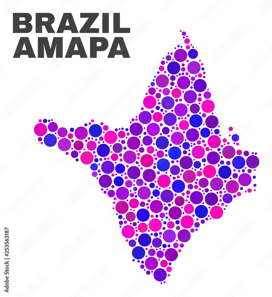 Mosaic Amapa state map isolated on a white background. Vector geographic abstraction in pink and violet colors. Mosaic of Amapa state map combined of random circle elements.