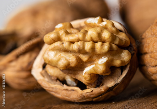 Open and cracked walnut closeup macro