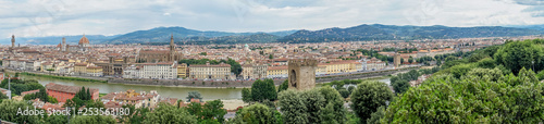 Panaromic view of Florence with Palazzo Vecchio, Ponte Vecchio and Duomo viewed from Piazzale Michelangelo (Michelangelo Square)