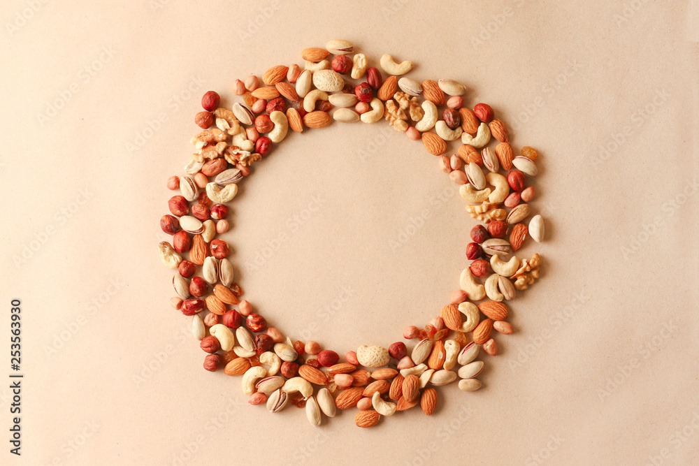 Cashew, hazelnuts, walnuts, almonds in circle form. Top view or flat-lay. Copy space Cashew, hazelnuts, walnuts, almonds in circle form. Top view or flat-lay. Copy space