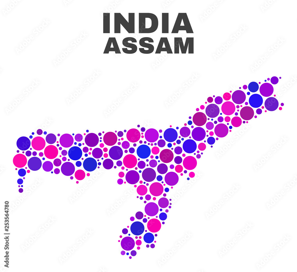 Mosaic Assam State map isolated on a white background. Vector geographic abstraction in pink and violet colors. Mosaic of Assam State map combined of random circle dots. Mosaic Assam State map isolated on a white background. Vector geographic abstraction in pink and violet colors. Mosaic of Assam State map combined of random circle dots.