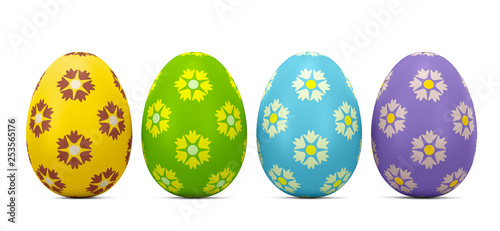 Four Easter eggs on a white background. 3d rendering illustration.