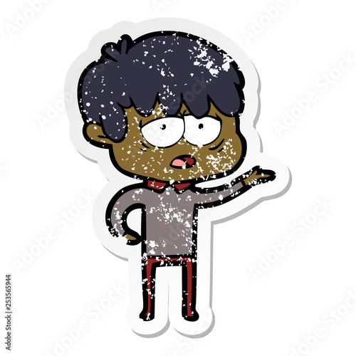 distressed sticker of a cartoon exhausted boy