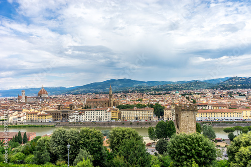 Panaromic view of Florence with Basilica Santa Croce and City gate of San Niccolo and Duomo viewed from Piazzale Michelangelo (Michelangelo Square)