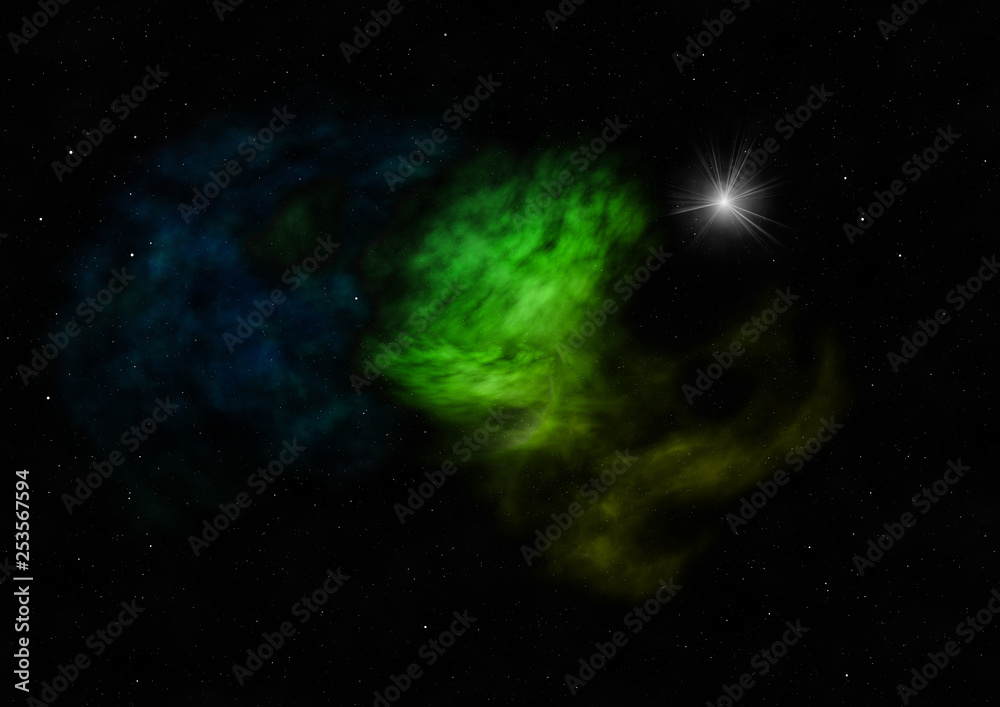 Star field in space and a nebulae. 3D rendering Star field in space and a nebulae. 3D rendering