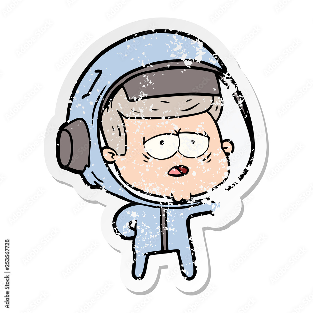 distressed sticker of a cartoon tired astronaut distressed sticker of a cartoon tired astronaut