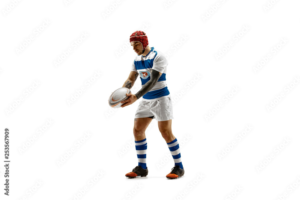 The silhouette of one caucasian rugby man player isolated on white background. Studio shot of fit man in motion or movement with ball. Jump and action concept. an incredible strain of all forces The silhouette of one caucasian rugby man player isolated on white background. Studio shot of fit man in motion or movement with ball. Jump and action concept. an incredible strain of all forces