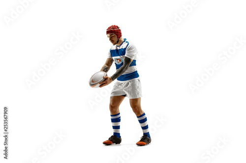 The silhouette of one caucasian rugby man player isolated on white background. Studio shot of fit man in motion or movement with ball. Jump and action concept. an incredible strain of all forces