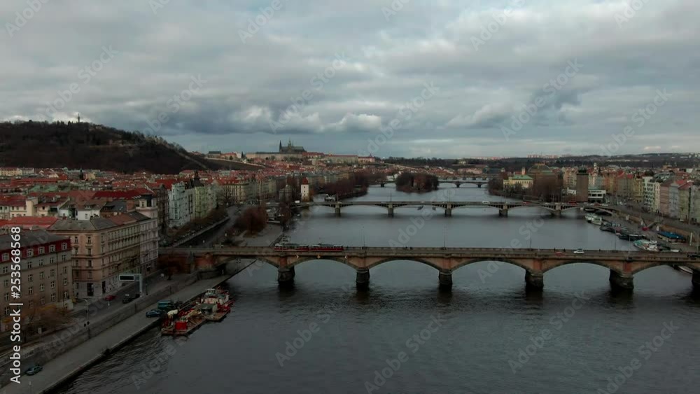 drone flight over vltava river in prague close tho bridge drone flight over vltava river in prague close tho bridge