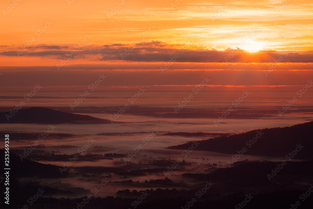 Morning Light and Fog Over Virginia Piedmont. Shenandoah National Park.