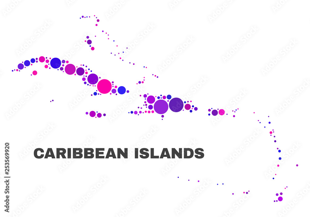 Mosaic Caribbean Islands map isolated on a white background. Vector geographic abstraction in pink and violet colors. Mosaic of Caribbean Islands map combined of random round elements.