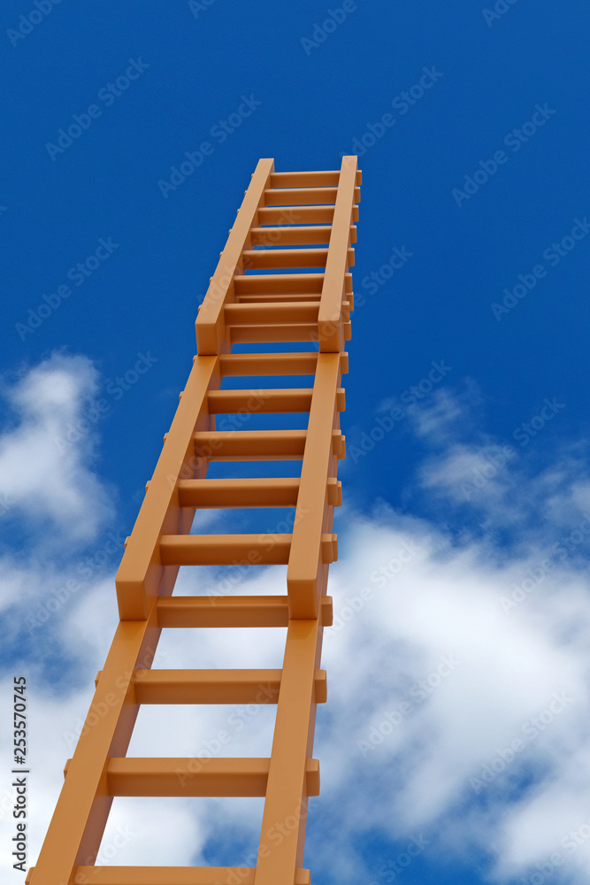 3d rendering of wooden ladder and blue sky 3d rendering of wooden ladder and blue sky