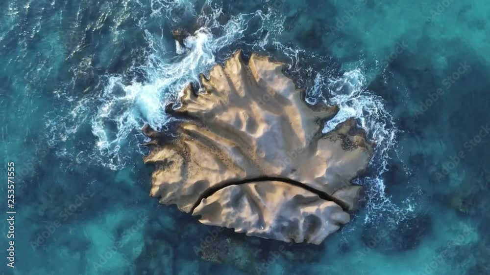 Anse patates rock (La Digue - Seychelles) birdeye reveal in drone. Sea and granit rocks - 4k